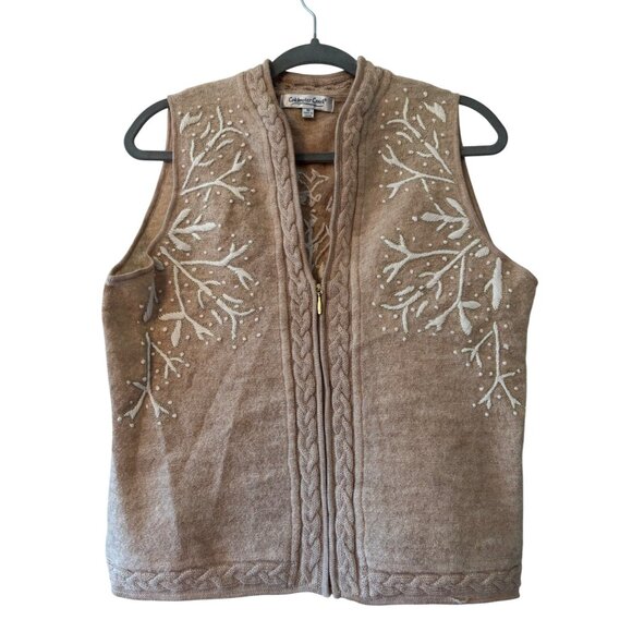 Coldwater Creek Womens Wool Embroidered Brown Tan Zip Up Vest M Winter - Picture 1 of 8